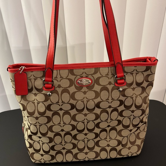 Coach Handbags - Coach Brown and Red Signature Tote Bag - Used